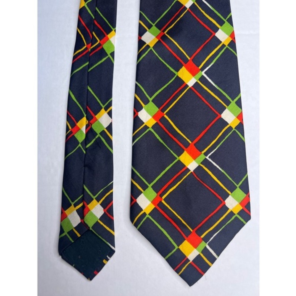 Christian Dior Men's Vintage Plaid Necktie 1960s Red Green Yellow White on Black